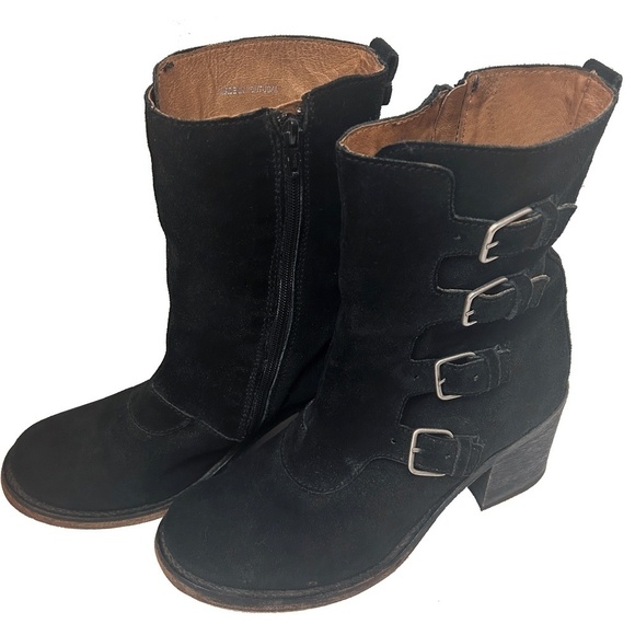 JL J. Litvack Moto Boots Booties Black Suede Four Buckle Chunky Stacked Heel - Picture 2 of 16